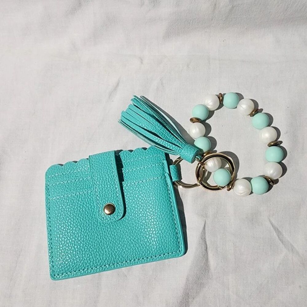 Turquoise Silicone Bead Keyring Bracelet Bangle Card Holder Wallet Tassel